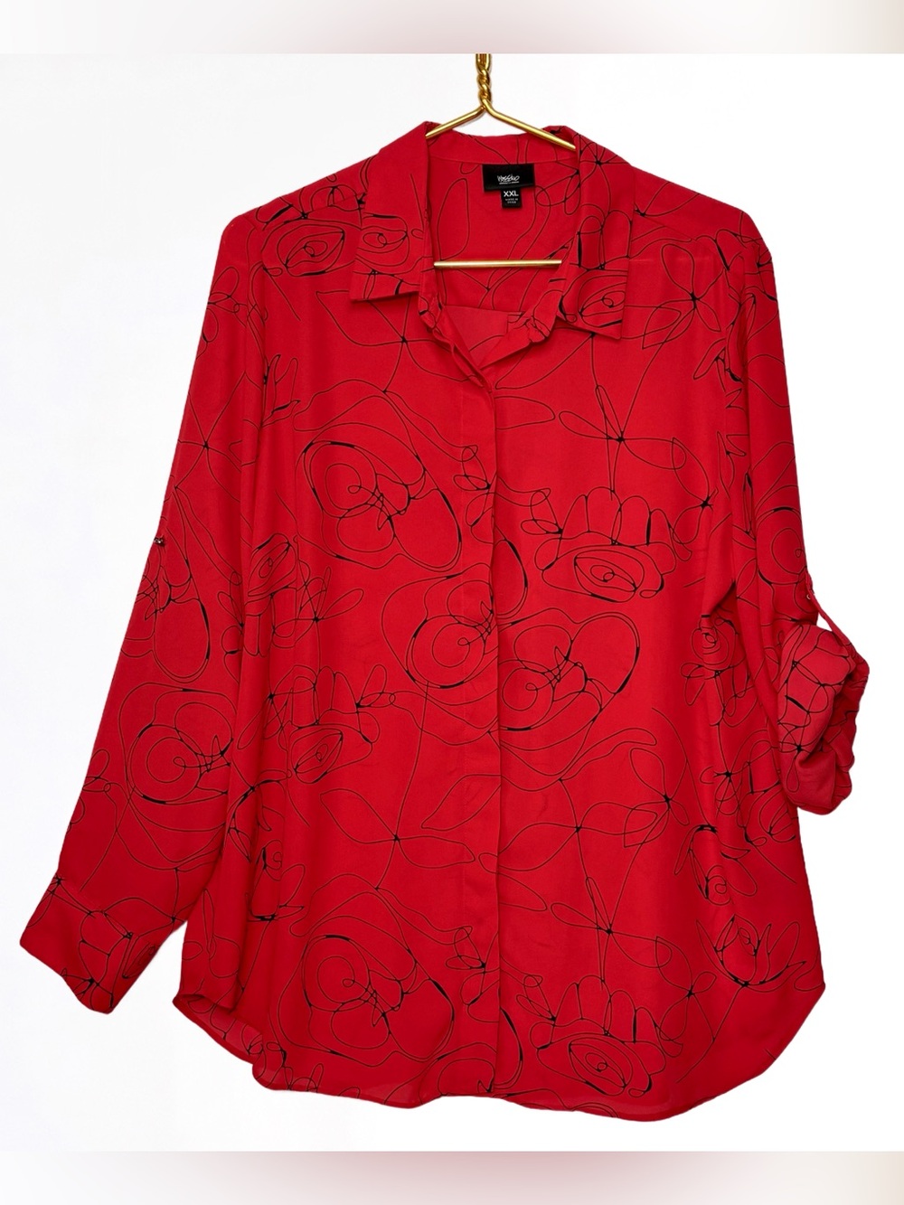 Missimo Red Button Up Blouse W/Abstract Black Floral Pattern Size XXL Semi Sheer
